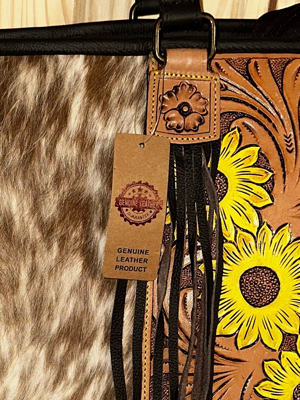 Sunflower Tooled Leather Shoulder Bag with Haircalf Accent - Brown & Yellow